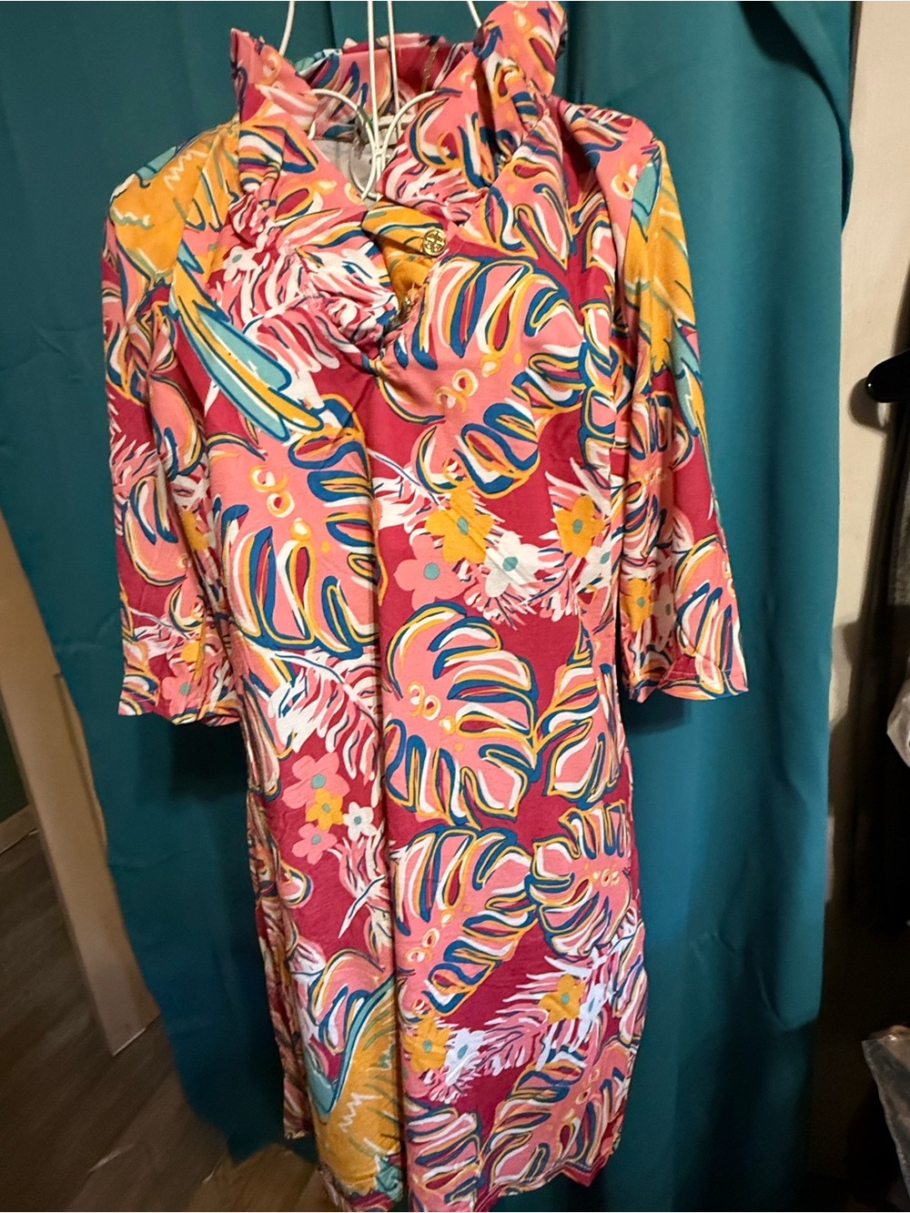 Simply Southern Pink Tropical Midi Dress with Multicolor Leaf Print
